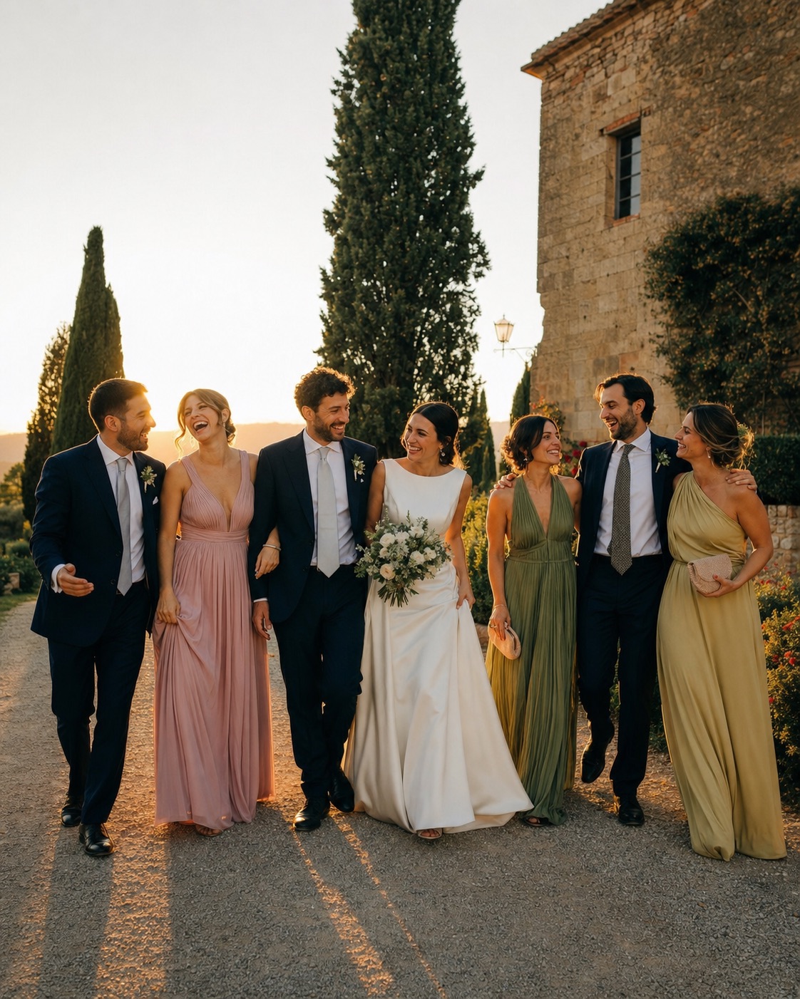 Sposi e invitati camminano insieme durante un matrimonio in campagna