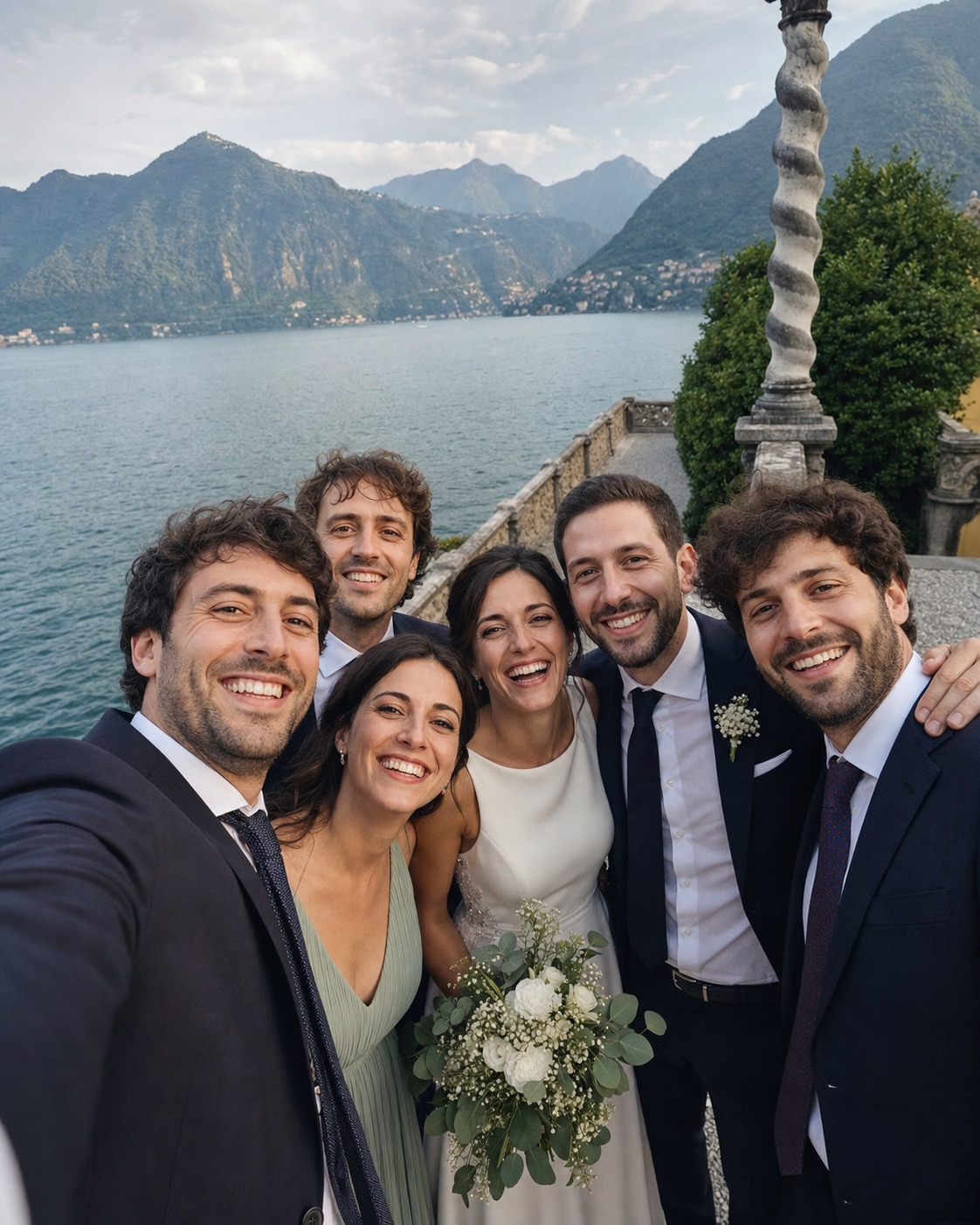 Selfie di gruppo con sposi e invitati durante un matrimonio sul lago